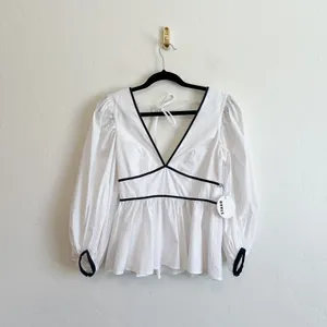 Staud | NWT Luna Contrast Peplum‎ V-Neck Open Back Top in White & Black thumbnail 2