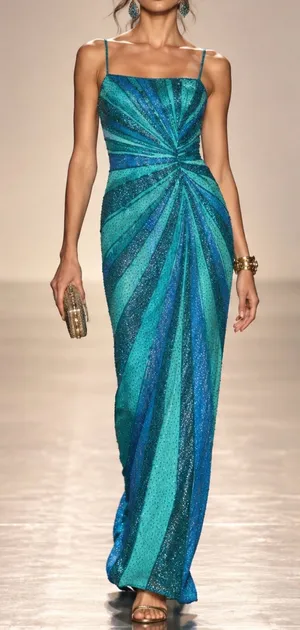 Teal & Blue Ruched Spaghetti-Strap Evening Gown thumbnail 1