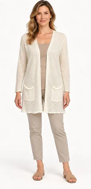 Ivory 100% linen open front lightweight longline semi sheer duster cardigan thumbnail 1