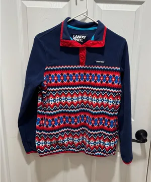 Lands' End Women's Fleece Snap Pullover Fair Isle Print Navy‎ Red Size Small thumbnail 1