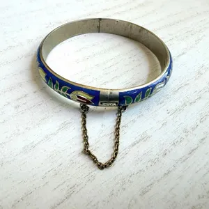 Vintage Thailand Cloisonné Floral Bangle Bracelet Blue Enamel Hinged thumbnail 7