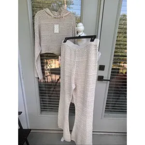 NWT Sincerely Jules Beige 2 Pc Open Knit set Hooded Flare Pants XL Vacation thumbnail 4