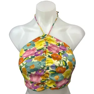 Zara Multicolor Floral Halter Tie Ruched Smocked Sleeveless Crop Top Size S thumbnail 1