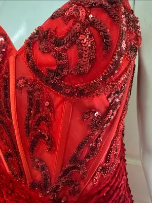 Unbranded Off shoulder Beaded Corset Slit Red Sequin Ruched Evening Gown Sz 6 A thumbnail 6