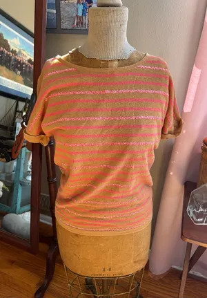 Boden Pink Sequins and Mustard Striped Short-Sleeve Knit Top | US4/UK8 thumbnail 1