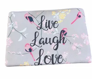 Gray Floral and Bird Print Zipper Cosmetic Makeup Travel Pouch thumbnail 1
