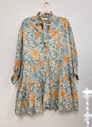 Magali‎ Pascal Blue Yellow Floral Tiered Mini Dress XS Cotton Boho Resort Dress thumbnail 1