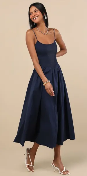 NWT Lulus Tandria Navy Smocked Sleeveless Midi Dress Holiday Gala Wedding Size M thumbnail 1