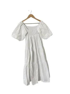 FAITHFULL THE BRAND Kiona Puff Sleeve Smocked Cotton Tiered Midi Dress thumbnail 7