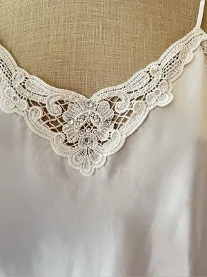 Vintage body chic White Lace Trim bejeweled pearl detail Satin Camisole thumbnail 2