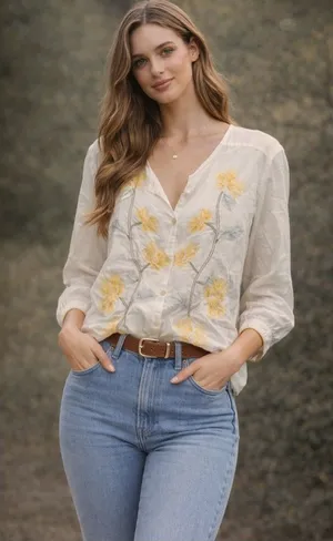 Yellow Floral Linen Blend Blouse cottagecore beach coastal boho embroidered thumbnail 1