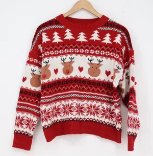 Red Fair Isle Reindeer Christmas Sweater Womens Size S Pom Pom Holiday Knit thumbnail 1