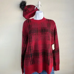 Christian‎ Siriano Red Black Plaid Crew Neck Long Sleeve Knit Sweater Beanie Set thumbnail 6