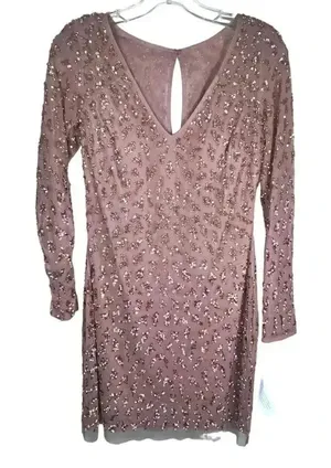 Aidan Maddox NWT‎ Dusty Rose V Neck Long Sleeve Sequin Cocktail Dress Size 6 thumbnail 1