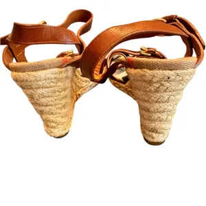 Burberry Tan Leather Check Canvas Espadrille Wedge Sandals EU 35 Italy GUC FLAW thumbnail 8