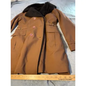 Vintage Camel Brown Double Breasted Faux Fur Collar Trench Coat Jacket Size 8 thumbnail 8