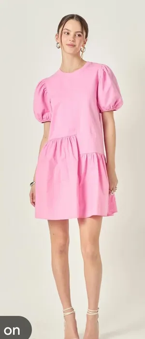 English Factory Knit Woven Mixed Dress Pink Women’s size Medium Puff Sleeve thumbnail 1