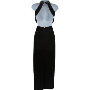 Y2K Beaded Halter Prom Dress Sz 0 Open Back Glam Vampy Gala Formal Full Length thumbnail 7
