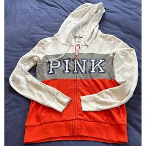 Victorias Secret PINK Full Zip Hoodie XS Red/Orange Colorblock Sweatshirt thumbnail 1