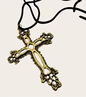 Gold Gothic Cross Pendant Necklace on Black Cord | Adjustable Statement Necklace thumbnail 1