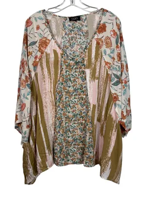 GigiO Patchwork Oversized Floral Raw Hem Poncho Blouse Top Large L Art Deco thumbnail 1