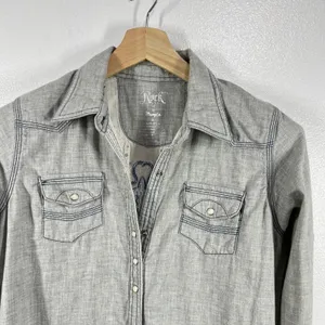 Rock 47 by Wrangler Shirt Dress‎ Western Cross Embroidered Long Sleeve Gray S thumbnail 4