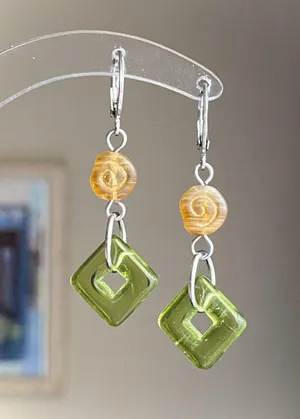 Handmade boho vintage aesthetic fairy style Czech glass beads dangle earrings🍃🌙🌳🫒🌀 thumbnail 2