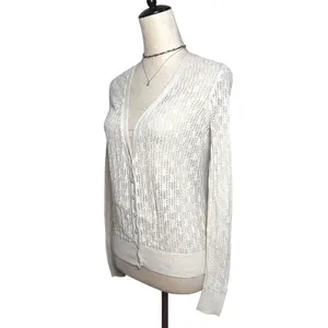 Moda International Y2K Cream Pointelle Open Knit V-Neck Cardigan Sweater thumbnail 5