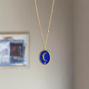 Handmade gold stainless steel blue celestial whimsical chic moon necklace🌟 thumbnail 3