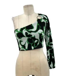 Zara Jacquard Asymmetric One Shoulder Crop Top Ring Detail Black Green‎ Small thumbnail 3