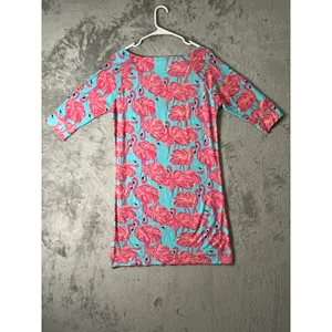 Lilly Pulitzer Cassie Flamingo Print Cotton Shift Dress 3/4 Sleeve Size Small thumbnail 3
