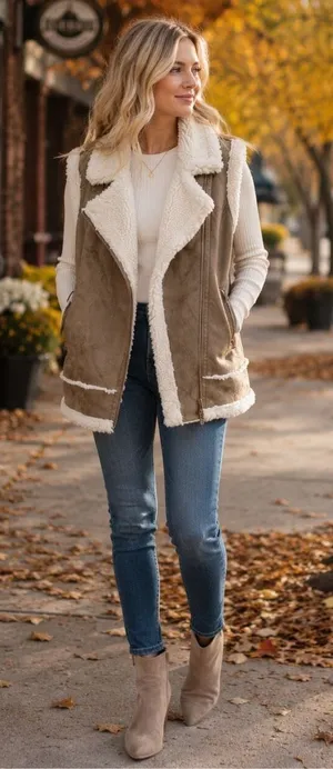Joie Brown &Cream Shearling suede Vest Gorpcore oversized medium #737 thumbnail 1