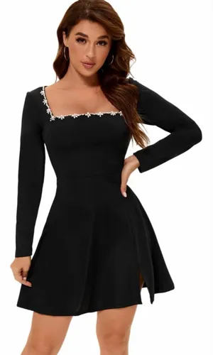 NEW Square Neck Bodice Beaded Pearl Diamond Long Sleeve Side Slit Mini Dress L thumbnail 1