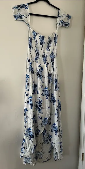 Altar'd State Blue White Floral Smocked Maxi Dress Medium Coastal Euro Summer thumbnail 1
