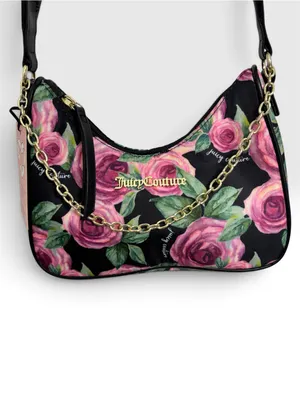 Juicy Couture Black Pink Rose Floral Print Mini Shoulder Bag Gold Chain Strap thumbnail 3