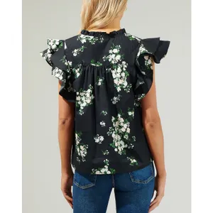 Sugarlips Black Emery Floral‎ Split Neck Ruffle Sleeve Cotton Top Medium Womens thumbnail 3