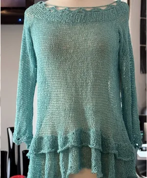 Teal Open Weave Ruffled Knit Tunic Sweater thumbnail 1