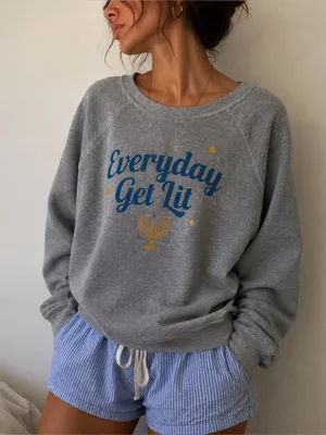 Wildfox Gray Hanukkah Cozy Girl Sweater Everyday Get Lit Menorah Graphic Large‎ thumbnail 1