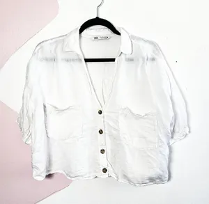 Zara Button Up Shirt Women's‎ Large White Linen Cropped Relaxed Fit Coastal Boho thumbnail 1