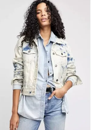 Free People‎ Jones Denim Jacket Womens Size S Blue Tie Dye OB809197 Trucker thumbnail 1