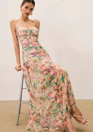 Commense Pink Floral Maxi Dress with Green Accents thumbnail 1