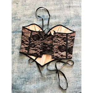 Cream Black Rose Floral Ribbon Lace Up Corset Medium thumbnail 2