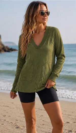 Anthropologie Olive Green V-Neck Long Sleeve Coverup with Front Pockets thumbnail 1