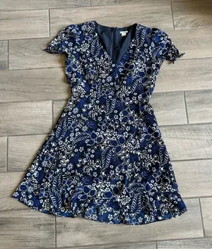 J. Crew Navy and White Floral V-Neck Mini Dress thumbnail 1