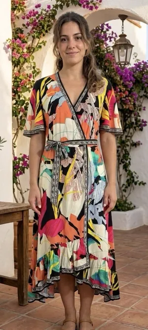 Flying Tomato Tropical Floral High Low Hem Midi Dress Plunge Neckline Size M thumbnail 1