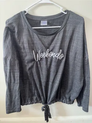 Secret Treasures Gray 'Weekends' Tie-Hem Long Sleeve Top thumbnail 1