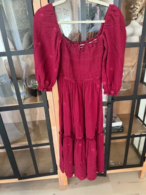 Amazon Dahlia maroon Smocked midi dress maxi square neck tiered daisy embroidered wine thumbnail 3