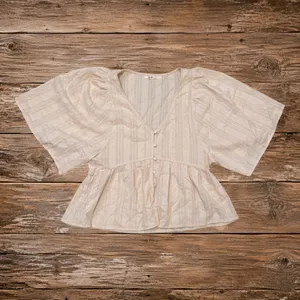 Boho Cotton Peplum Top Ivory Textured V Neck Button Front Mi Ami Francesca's S thumbnail 2