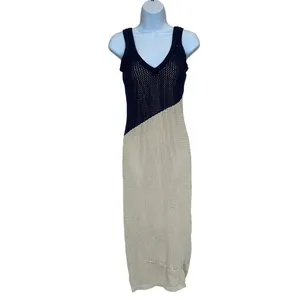 Toccin Blue Cream Crochet Midi Tank Dress SMALL Colorblock Knit Vacation $325 thumbnail 8