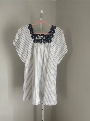 Madewell Embroidered Butterfly Dress Navy and White Stripe Cotton Mini Sz XXS thumbnail 4